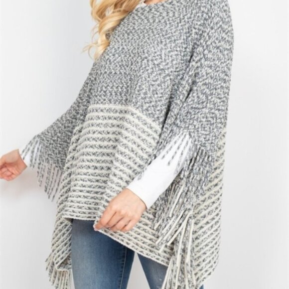 BOHO KNITTED TWO TONE STRIPED FRINGE PONCHO - Picture 3 of 6